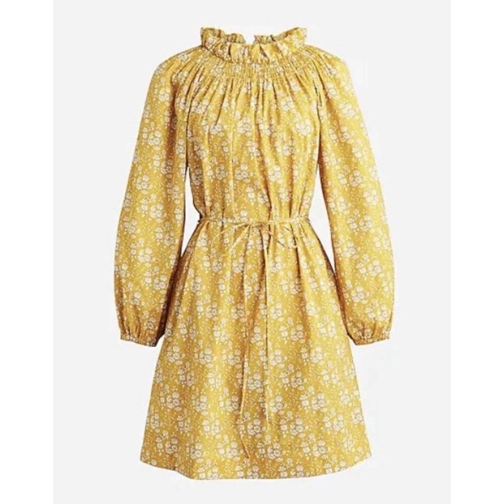 J Crew Ruffle Neck Puff Sleeve Dress Liberty Cotton Yellow Smocked Neck Small